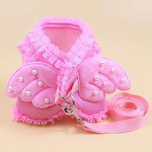 Pink lace frill dog harness with wings